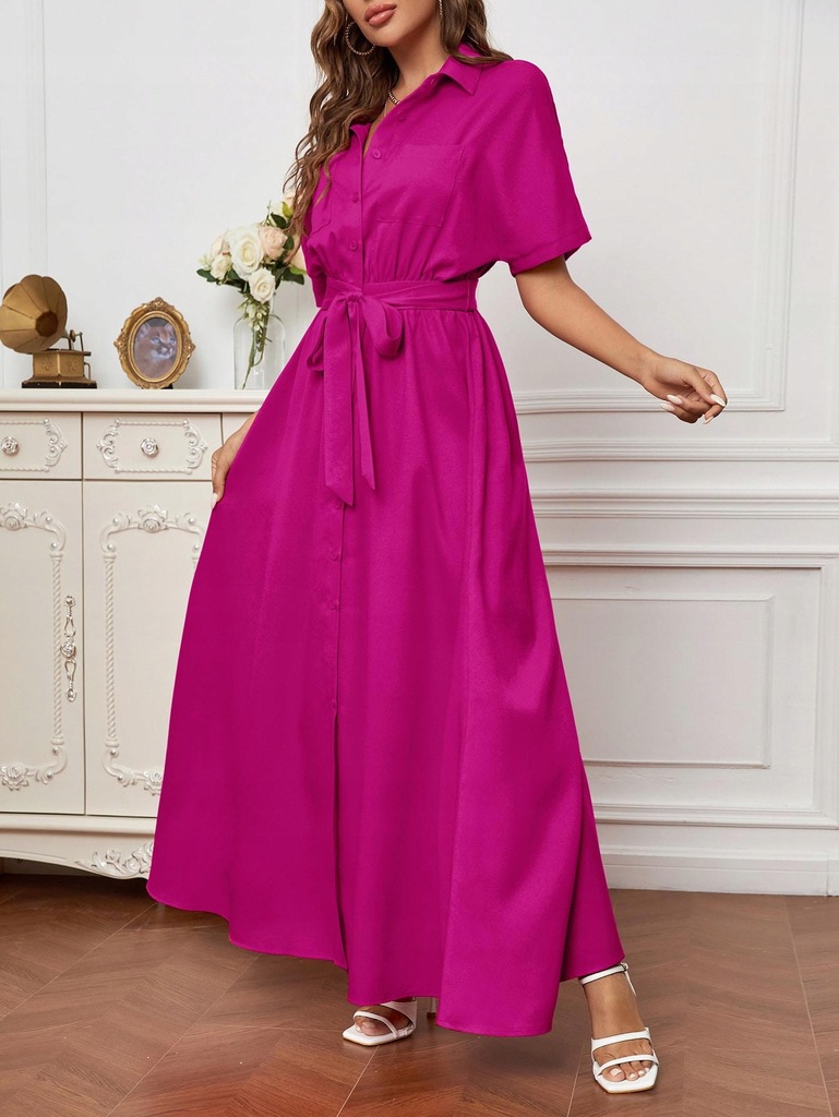 R38N005 SUKIENKA KOSZULOWA FUKSJA MAXI SHEIN 40/42
