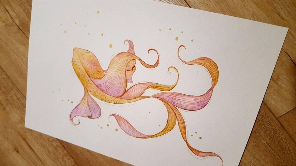 Ilustracja ręcznie malowana "Złota rybka" A3