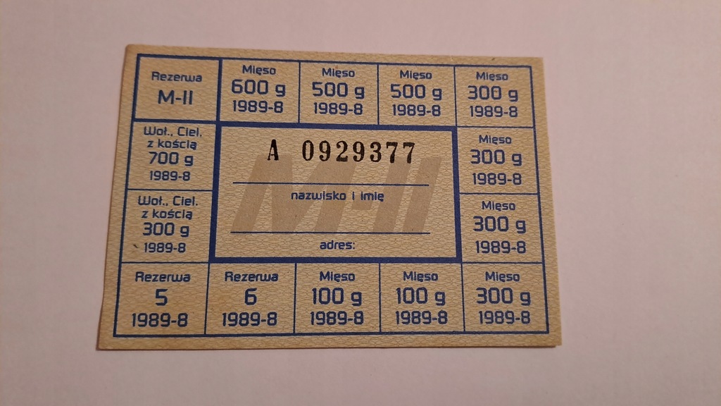 KARTKA ŻYWNOŚCIOWA M-II 08/1989 HUTA ZABRZE - PRL