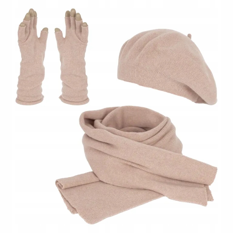 W478F Łososiowy komplet zimowy damski beret szalik rękawiczki