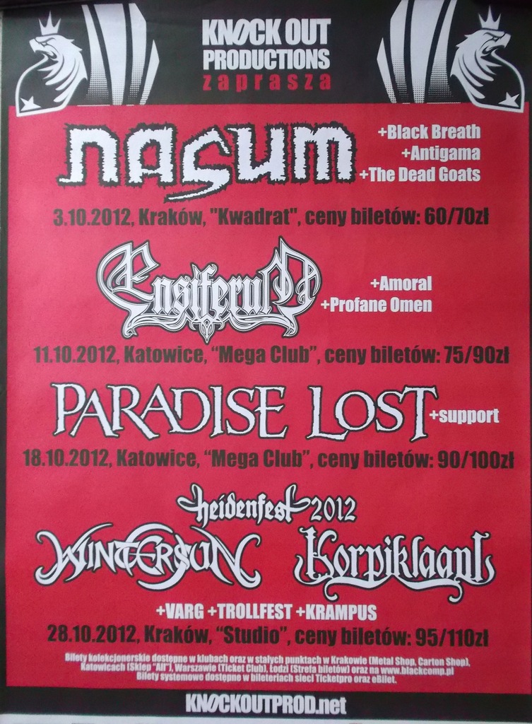 Plakat na koncerty Nasum, Paradise lost, Ensiferum
