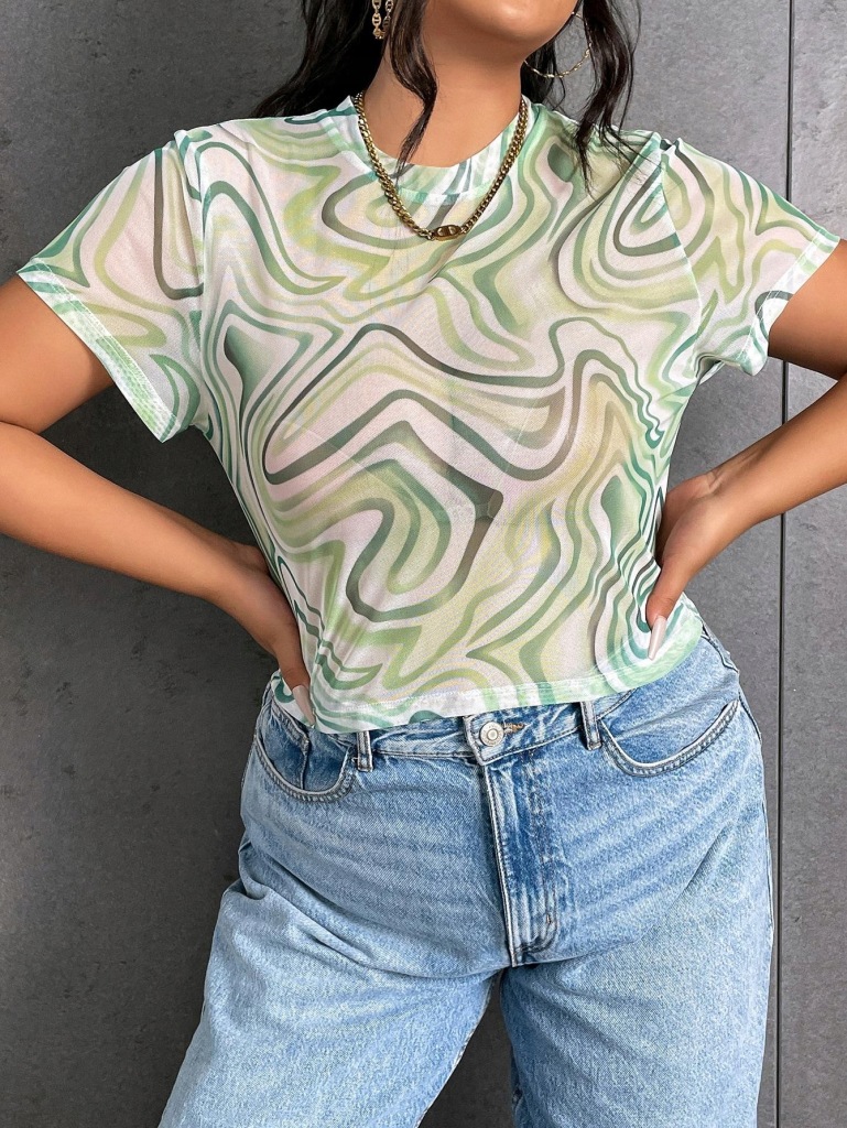 ZIELONY WZORZYSTY TOP SIATKA KRÓTKI RĘKAW DOPASOWANY KRÓTKI SHEIN 50