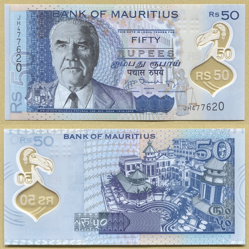 -- MAURITIUS 50 RUPEES 2013 JH P65 polimer UNC