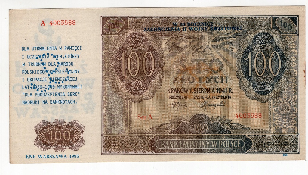 100 złotych 1941 banknot z nadrukiem