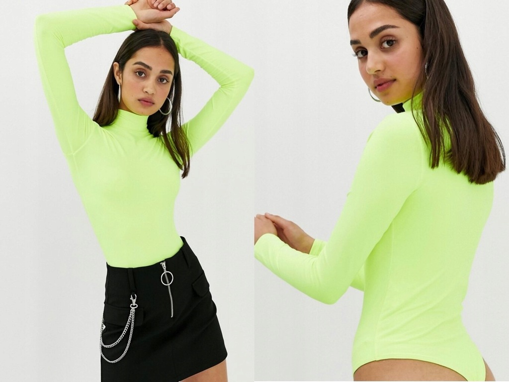 Bershka Neonowo Żółte Body z Wysokim Kołnierzem S