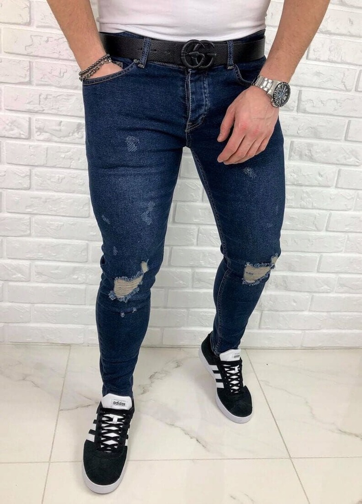 Ciemne jeansy męskie skinny fit z dziurami 483 29