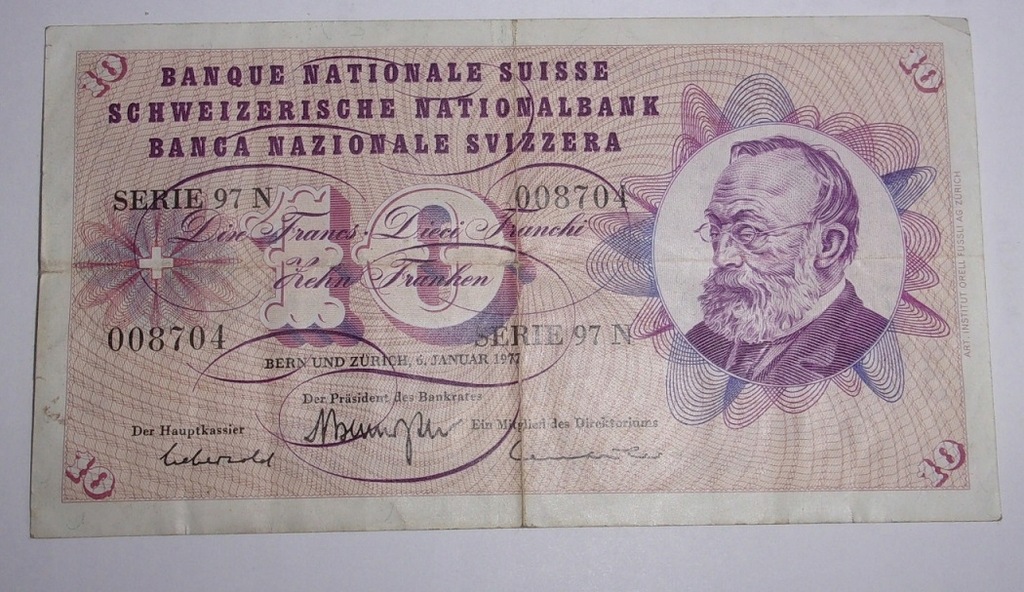 10 franków - Szwajcaria - Swizzera Siusse Schweiz - stary banknot 1977 r.