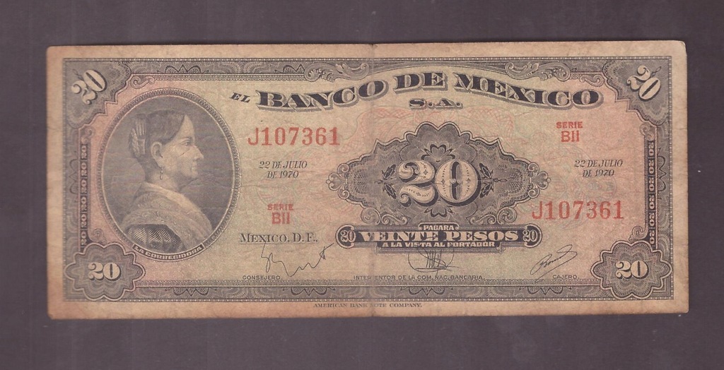 Meksyk - banknot - 20 Pesos 1970 rok