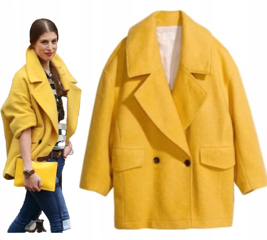 H&M włochaty płaszcz oversize retro żółty 38 M