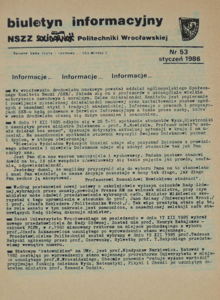 BIULETYN INFORMACYJNY nr 53, 'S' PWr Wrocław 1986