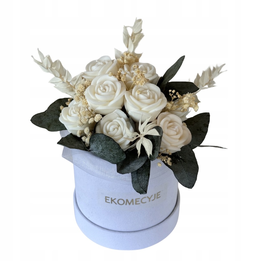Flowerbox białe kwiaty świece prezent na urodziny, ślub, uroczystości