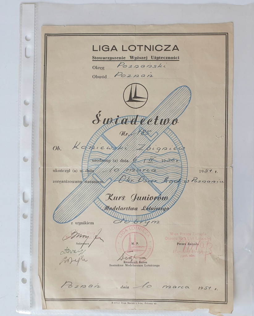 DZIENNIK LIGA LOTNICZA - KURS JUNIORÓW MODEL. 1951