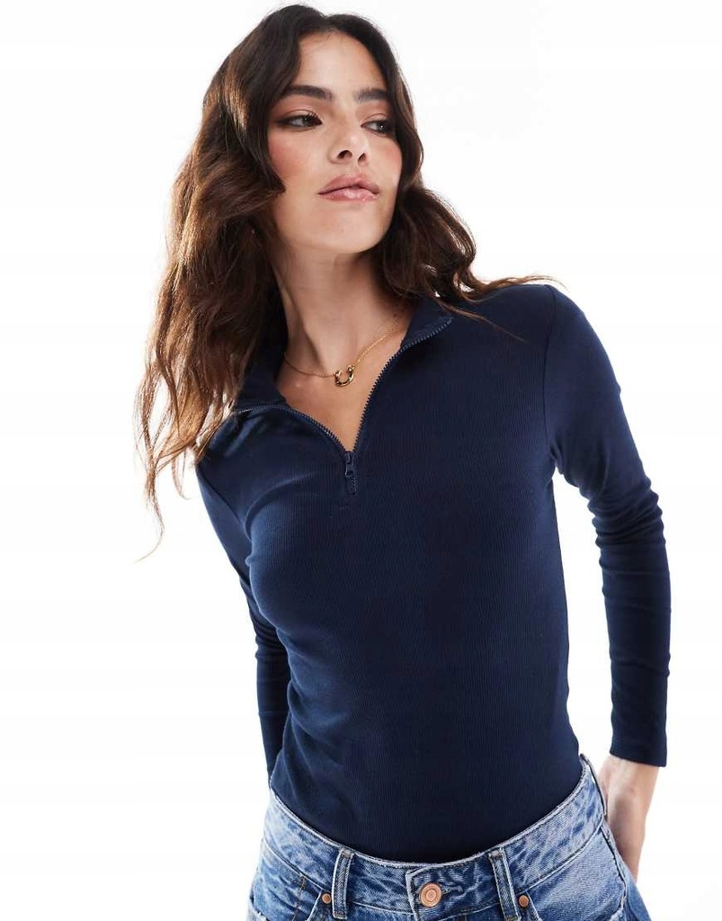 Threadbare Prążkowane granatowe body z golfem zapinanym na suwak XL