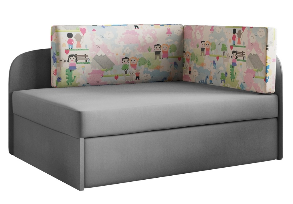 Sofa dziecięca SOFI łóżko rozkładane lewostronne szare ze wzorem