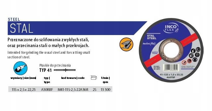 INCOFLEX TARCZA DO CIĘCIA METALU 115x2,5x22,2mm