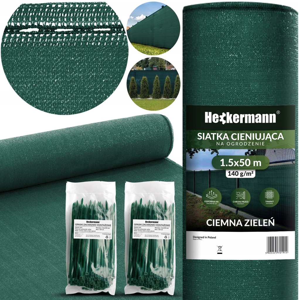 Zestaw Siatka cieniująca 1,5x50m Heckermann - Zielona + 2x Opaski zaciskowe