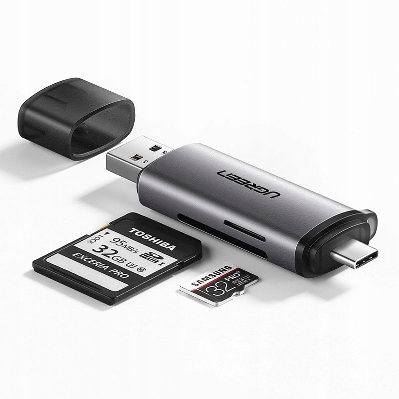 Adapter USB + USB-C UGREEN CM185 czytnik kart SD + microSD (szary)