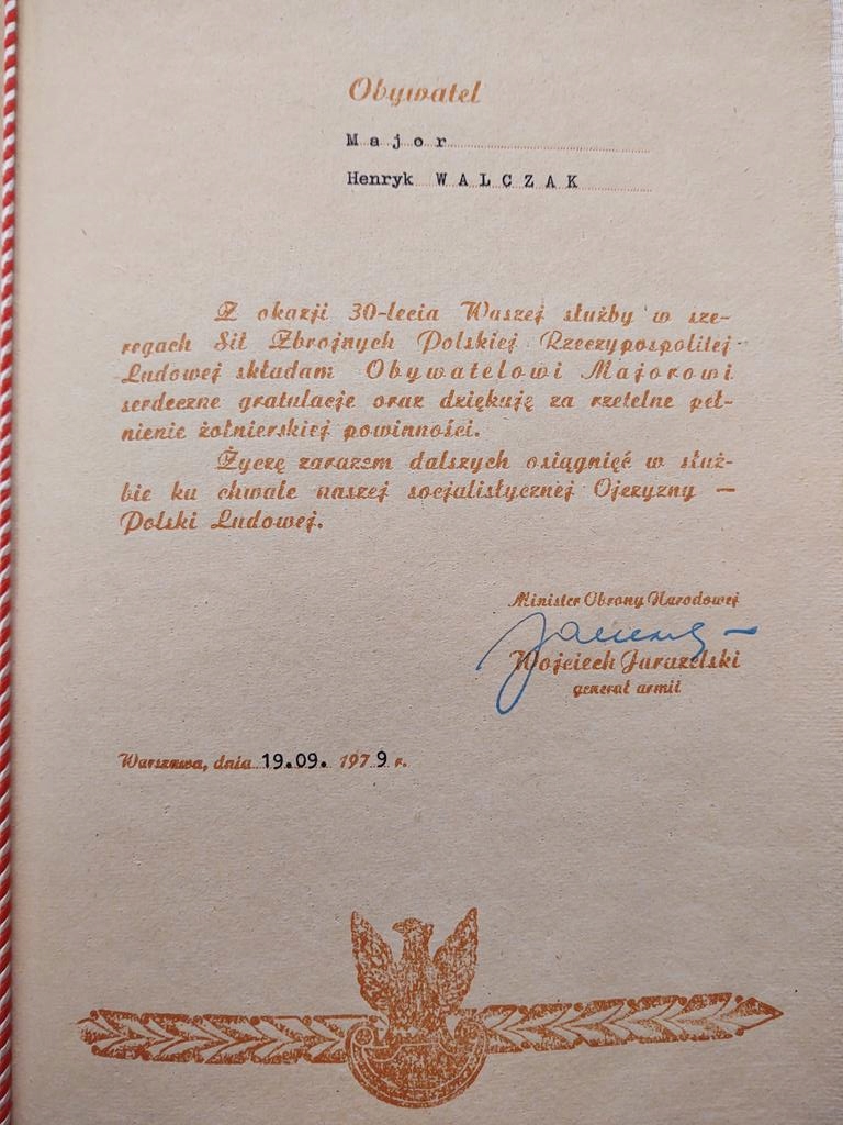 Dyplom – 30 lat służby, podpis Jaruzelski, 1979 r.