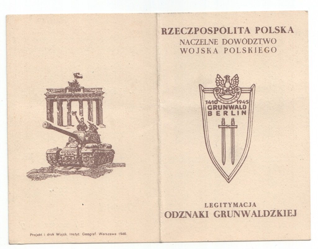 Legitymacja Odznaki Grunwaldzkiej 1947 r. Płock