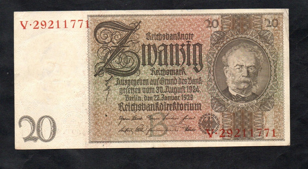 BANKNOT NIEMCY -- 20 reichsmark -- 1924 / 1929 rok -- seria V