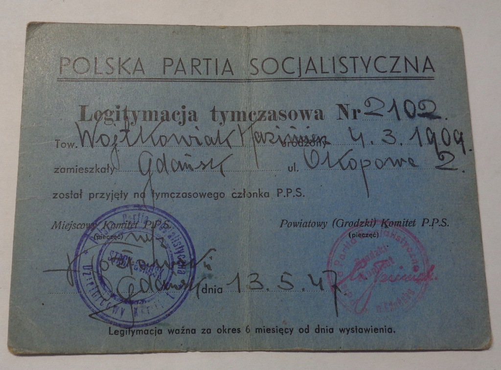 LEGITYMACJA POLSKA PARTIA SOCJALISTYCZNA PPS 1947