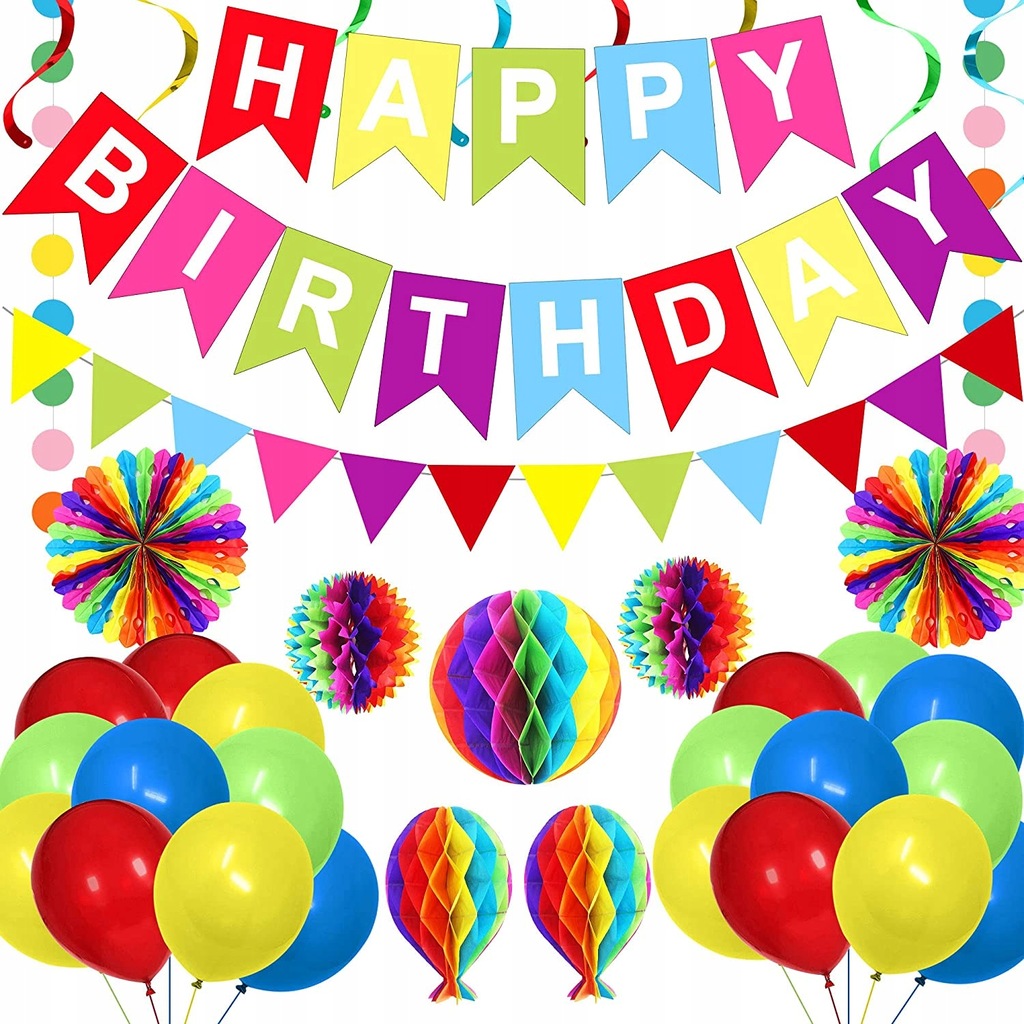 DEKORACJE ROZETY Z PAPIERU WIELOKOLOROWE URODZINY PREMIUM