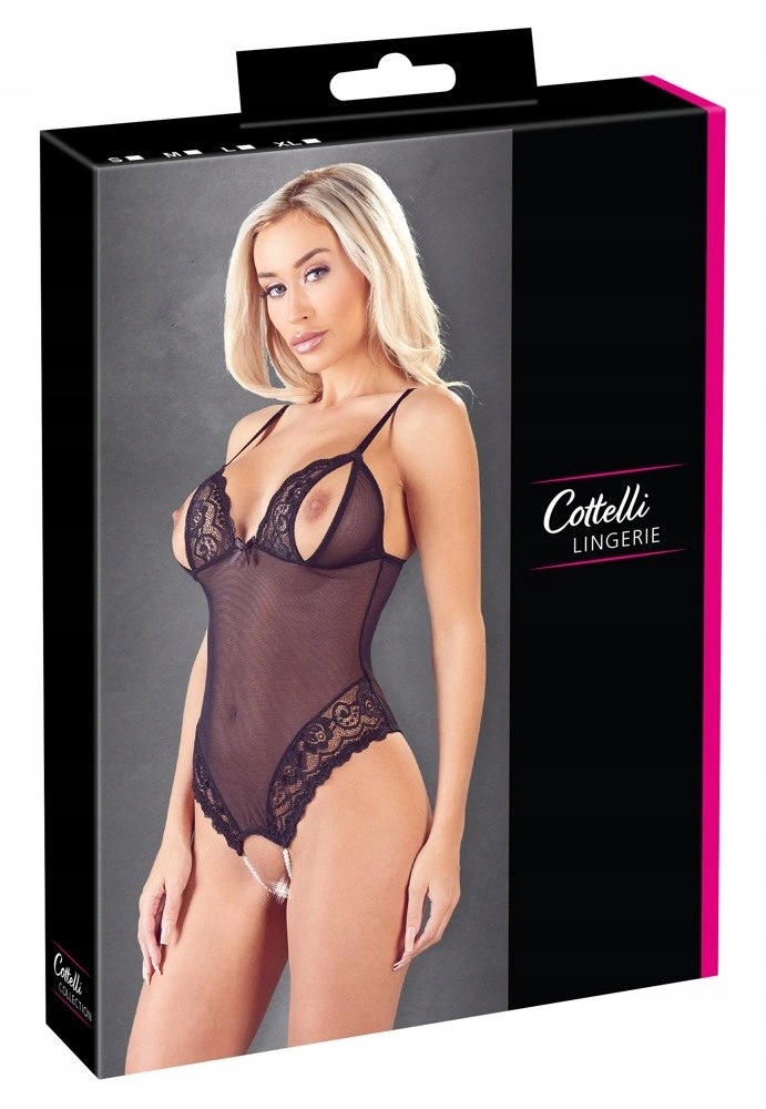Cottelli LINGERIE - Seksowne Siateczkowe Body Z Delikatną Koronką Bez Krocz