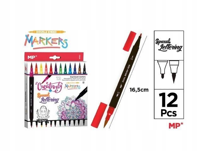 FLAMASTRY DWUSTRONNE PĘDZELKOWE 12 KOLORÓW