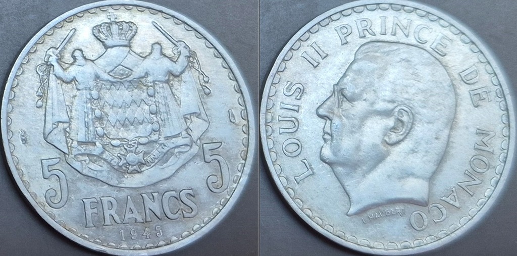 Monako 5 franków 1945r. KM 122 Ludwik II