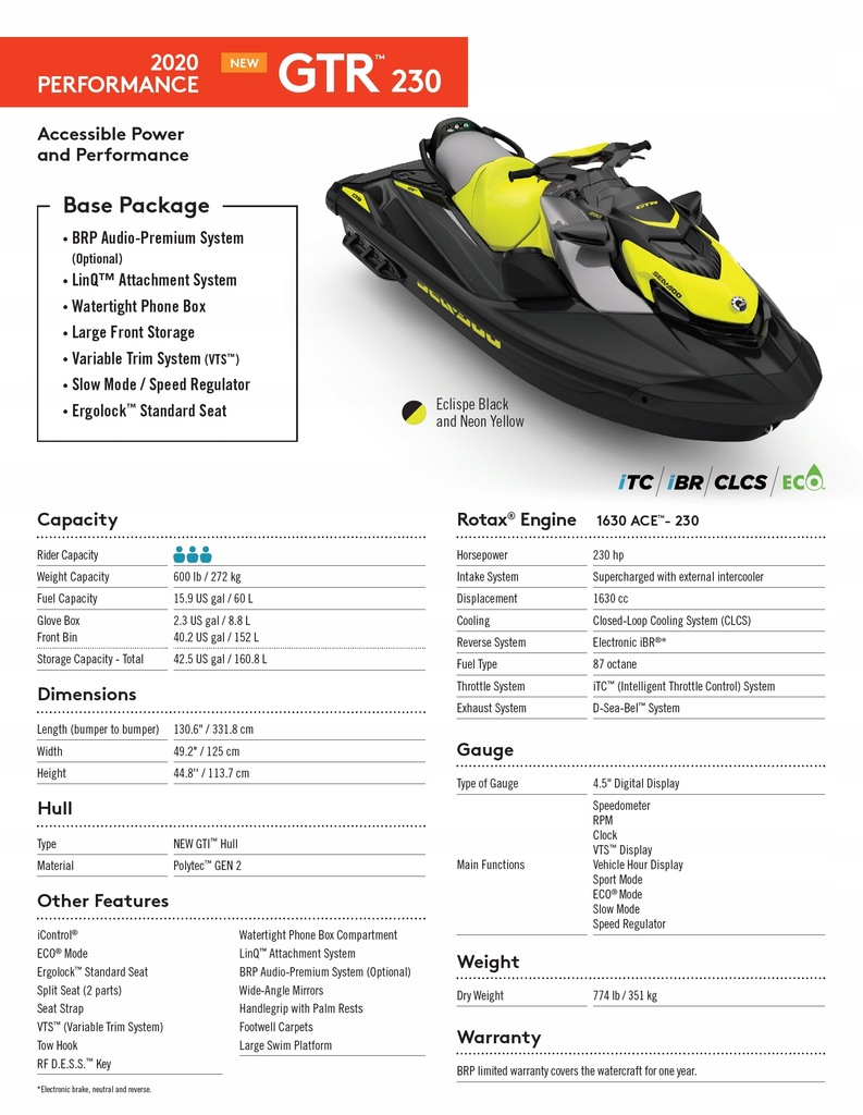 Купить Водный скутер Sea Doo GTR 230 STD iBR 2020 АКЦИЯ: отзывы, фото, характеристики в интерне-магазине Aredi.ru