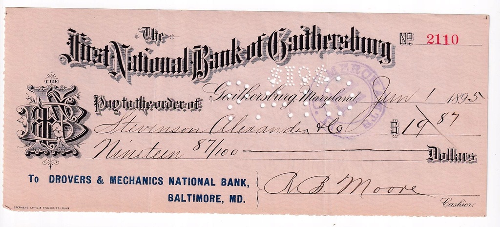 USA, czek na 19,84$ z 1895 roku