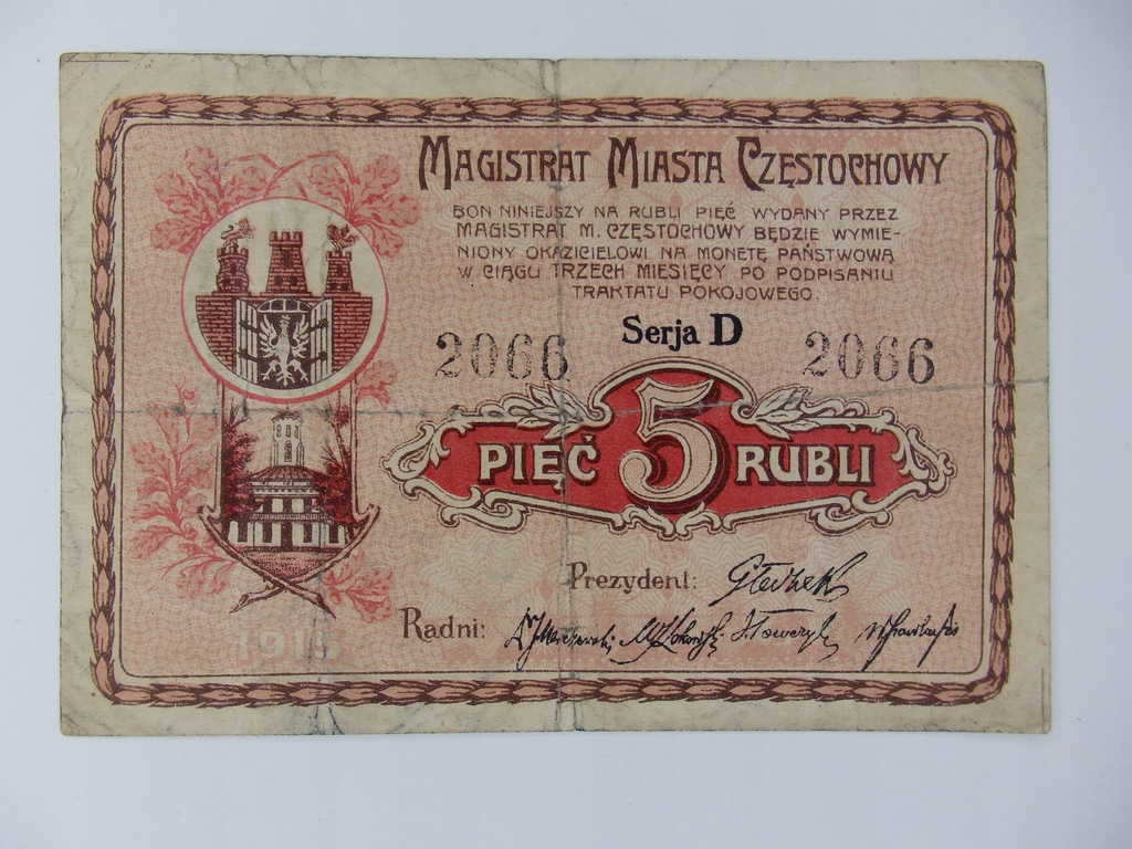 Polska - Częstochowa - 5 rubli - 1915 - D - czterocyfrowy - rzadki