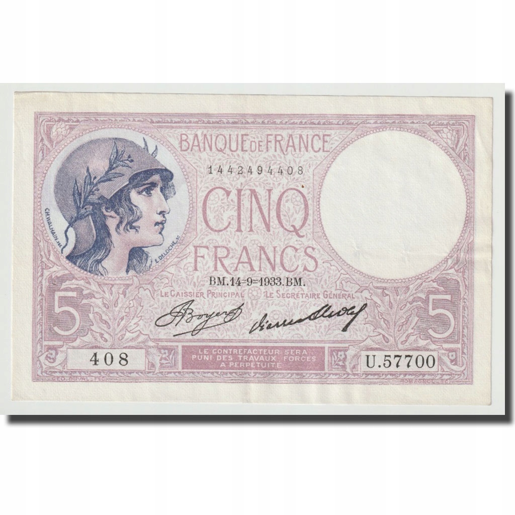 Francja, 5 Francs, Violet, 1933, 1933-09-14, UNC(6