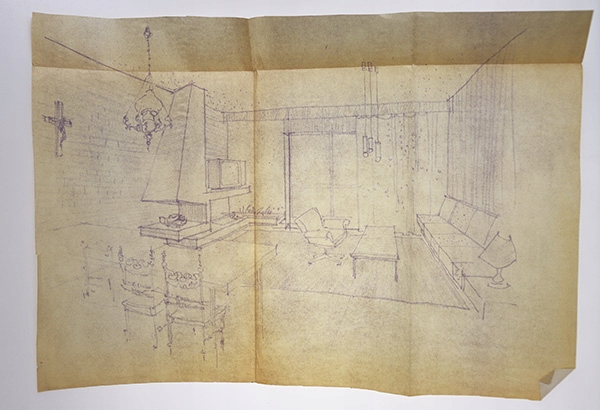 Projekt, szkic salonu z kominkiem lata PRL