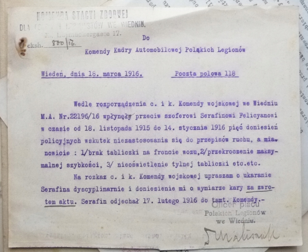 SKARGA NA SZOFERA LEGIONW POLSKICH – 1916