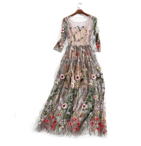 Sukienka boho półprzezroczysta haftowane kwiaty L
