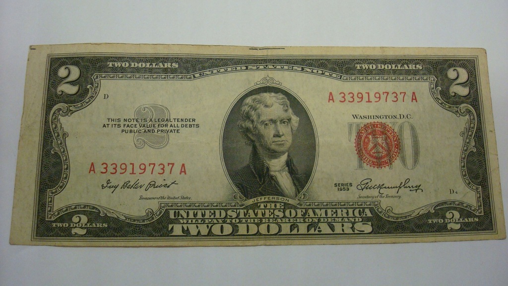 Banknot - USA 2 dolary 1953 czerwona pieczęć stan 3-