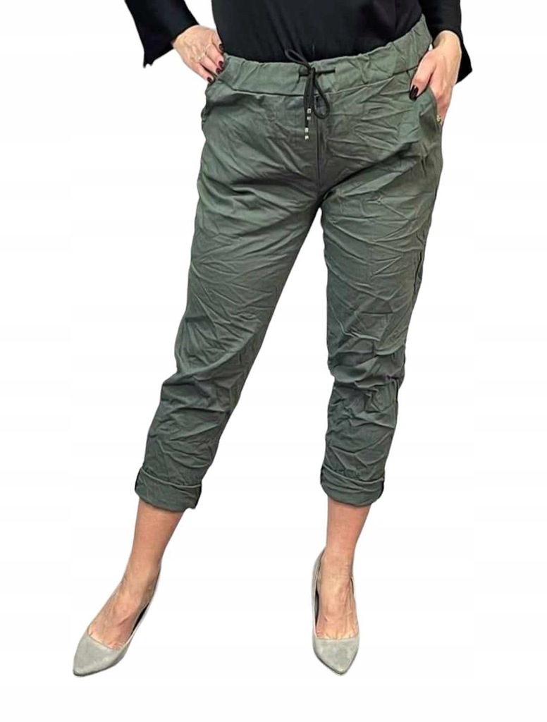 Spodnie gnieciuchy lycra gumy wysoki stan kieszenie khaki vv 44 46 3xl 4xl