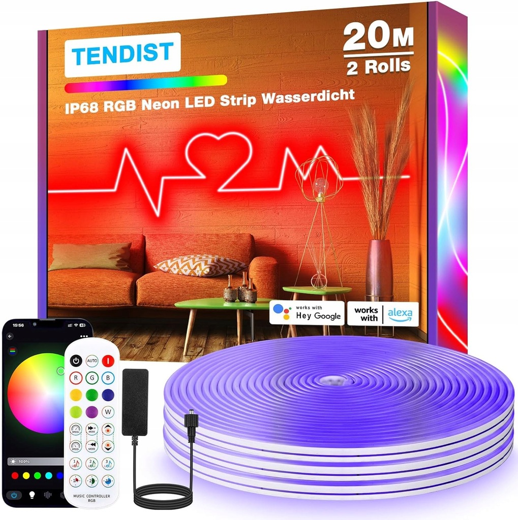 Taśma LED neonowa 20 m RGB IP68 Wi-Fi kolorowa taśma LED z pilotem