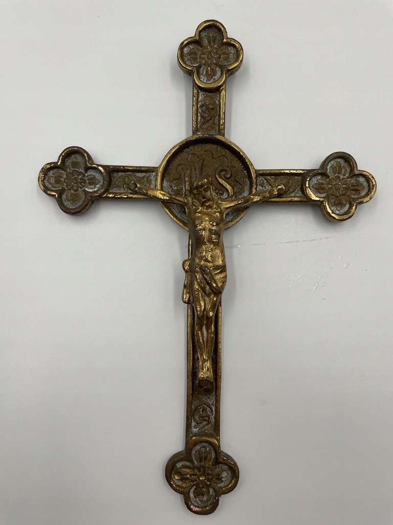 Stary Francuski mosiężny krzyż 25x17.5cm
