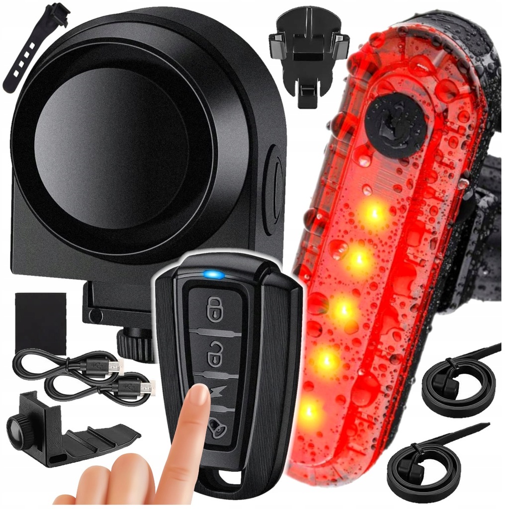 ALARM ROWEROWY ANTY-złodziej NA PILOT zestaw 2w1 + LAMPKA ROWEROWA LED TYŁ