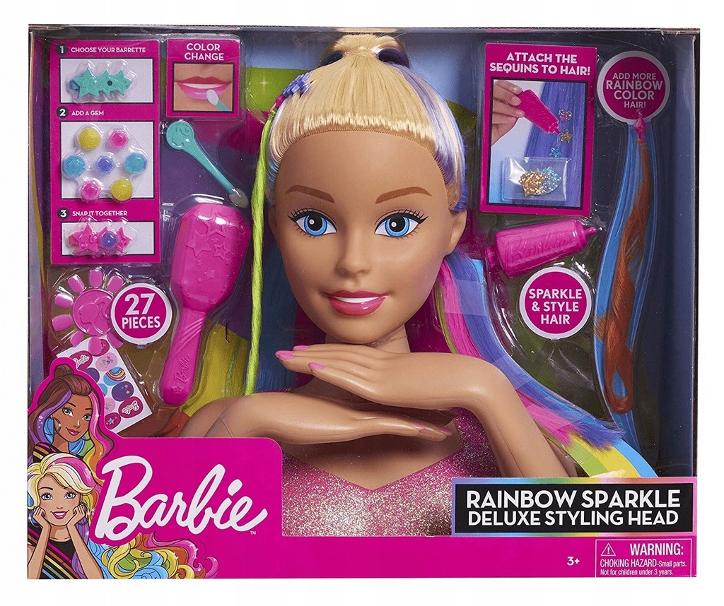 Barbie Deluxe głowa do stylizacji tęczowe włosy