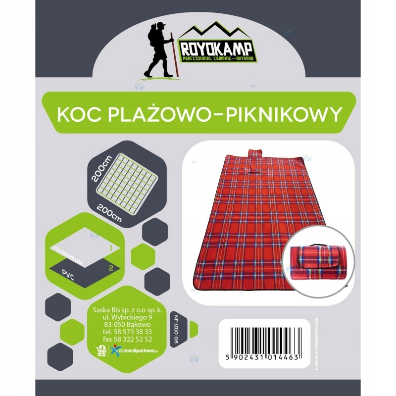 Koc Plażowo Piknikowy 200X200 Czerwona Krata Royok