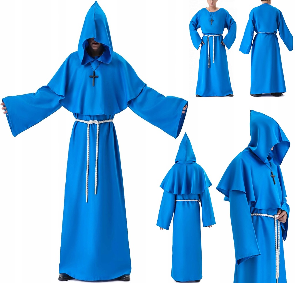 KOSTIUM MNICHA PRZEBRANIE NA HALLOWEEN STRÓJ PELERYNA MNICH NIEBIESKI S