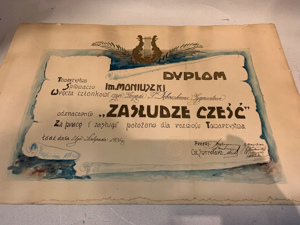 ŁÓDŹ DYPLOM TOWARZYSTWO ŚPIEWACZE MONIUSZKI 1926