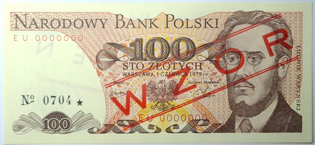 Wzór Banknotu 100 zł Ludwik Waryński SPECIMEN 1979r. seria EU numer 0704