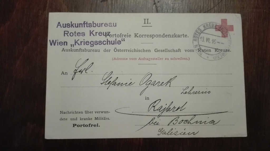 Karta pocztowa adres Rajbrot Czerwony Krzyż 1916