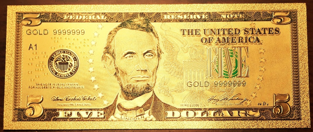 USA, $5, pozłacany, banknot kolekcjonerski
