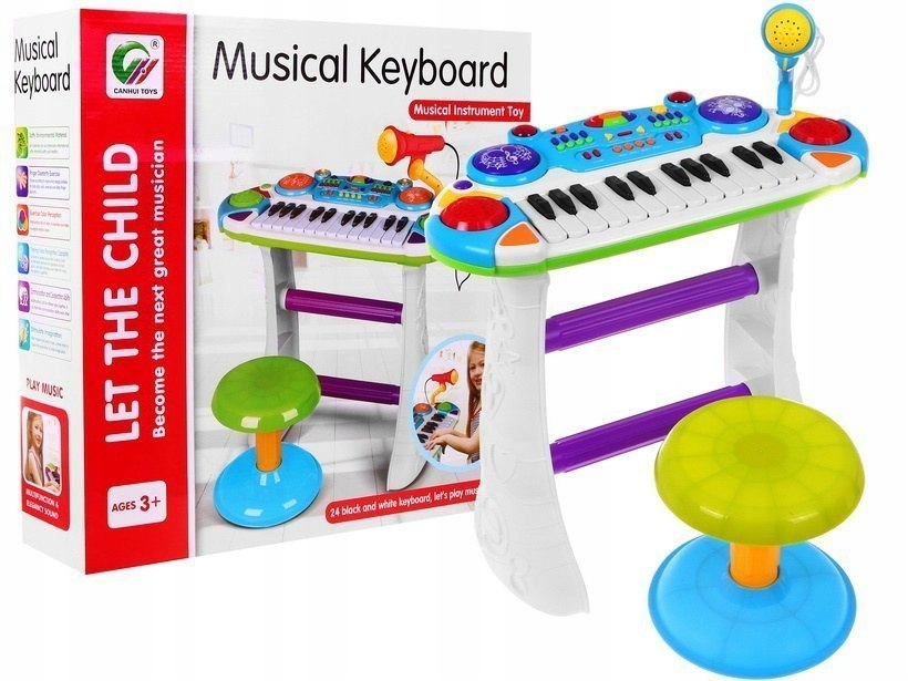 NIEBIESKI ZESTAW MUZYCZNY KEYBOARD + WERBLE + MIKROFON DLA DZIECI 3+ ŚWIATŁ