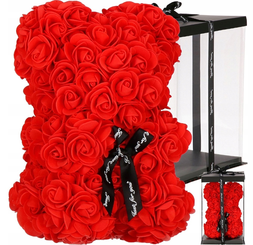 MIŚ Z RÓŻ 30 CM ROSE BEAR Z PŁATKÓW RÓŻ KOKARDA MISIEK Z RÓŻ